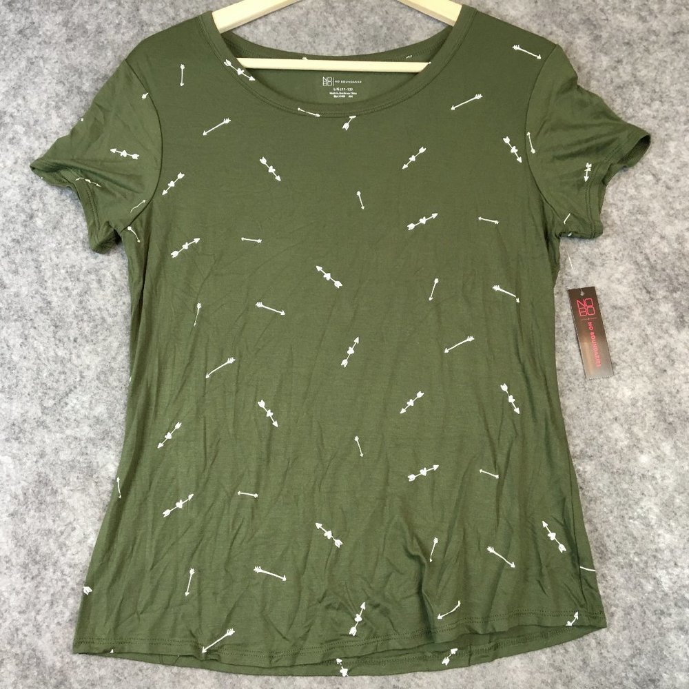 No Boundaries Top L 11 13 Boho Short Sleeve Olive Green Arrow Print T Shirt Knit